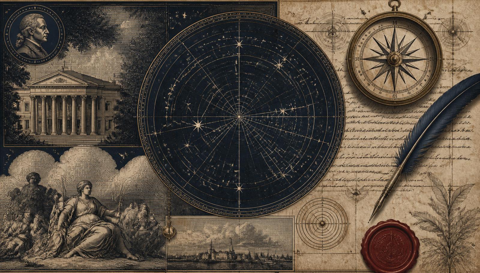 Archival engraving collage of a star chart, a classical civic building, a brass compass, a quill pen, and a wax seal on aged parchment